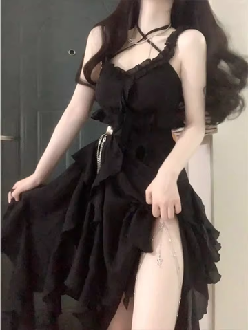 Niulatu High Low Straps Black Chiffon Ruffles Long Prom Dresses Birthday Outfits SD508